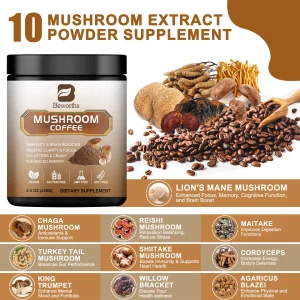 Lion's Mane Mushroom Coffee 10-ingredient Mushroom Blend Chaga, Cordyceps for Energy, Focus, Memory Health Immune health